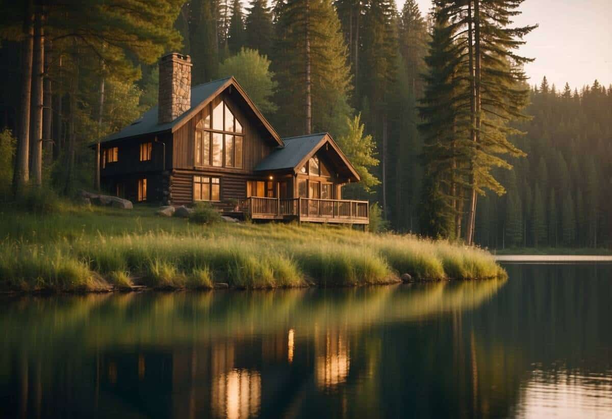 A cozy cabin nestled in a lush forest, surrounded by towering trees and a serene lake. A warm glow emanates from the windows, inviting visitors to relax and unwind in the peaceful natural setting