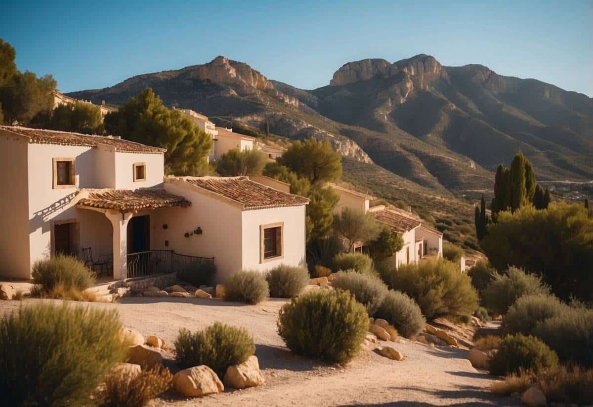 A picturesque scene of 5 cozy cabins nestled in the scenic countryside of Alicante, with easy access to nearby amenities and surrounded by natural beauty