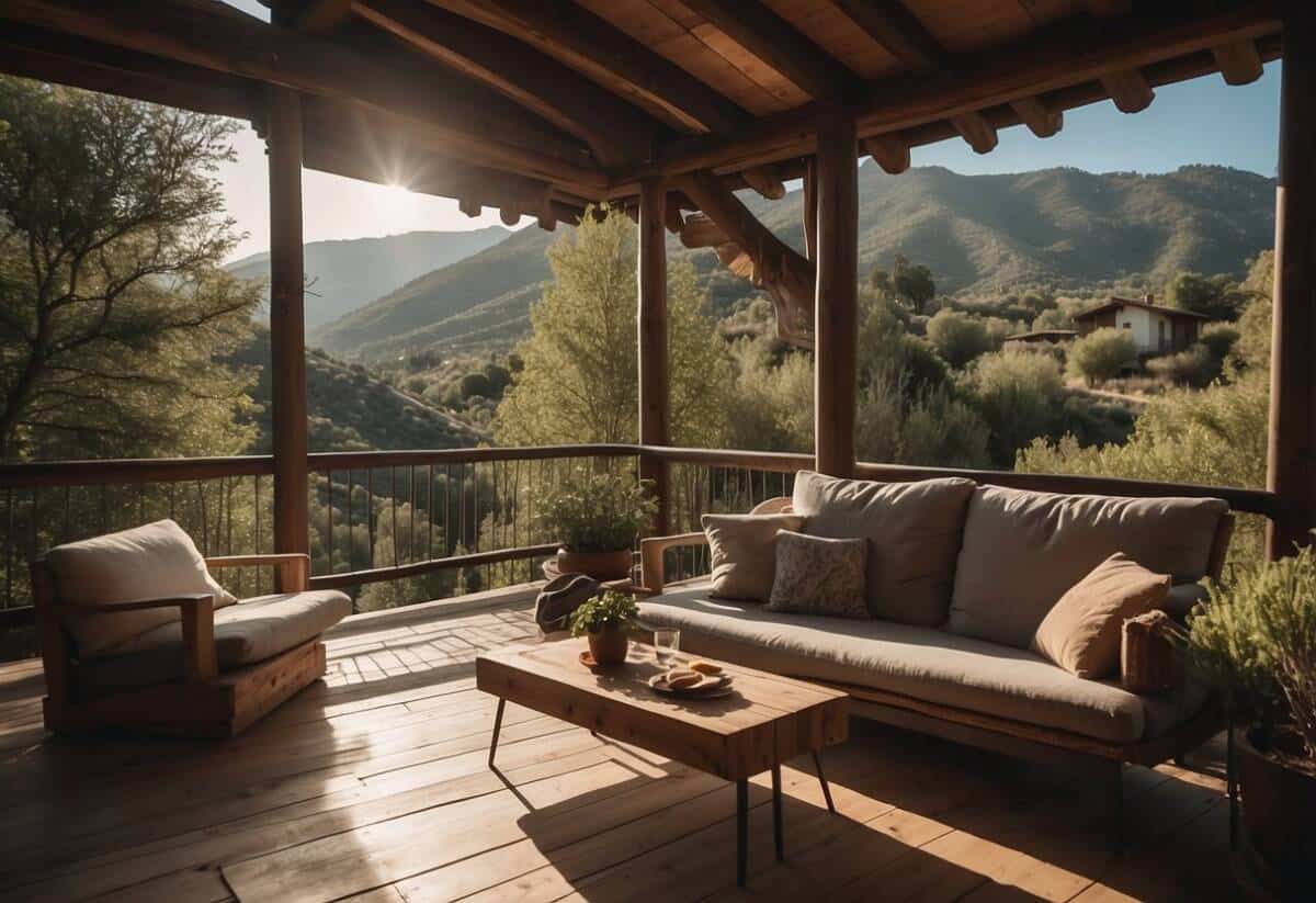 A cozy cabin nestled in the Barcelona mountains, surrounded by lush greenery and a serene atmosphere. The cabin features a rustic design with a spacious outdoor deck for enjoying the breathtaking views